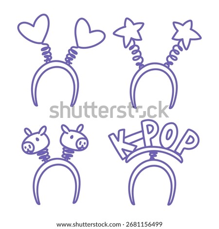 Purple K-Pop doodle includes fan headbands of musical IDOL. Headwear, hoops with spring elements. Stars, hearts, K-POP text, capybara. Musical IDOL. Korea, fashion, youth cultural, musical trends.