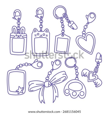 Purple K-Pop doodle includes IDOL fan keychains. Keychains with bows, hearts, animal shapes, photo frames, and photos to carry on keys, phones. Korea, fashion, and youthful cultural, musical trends