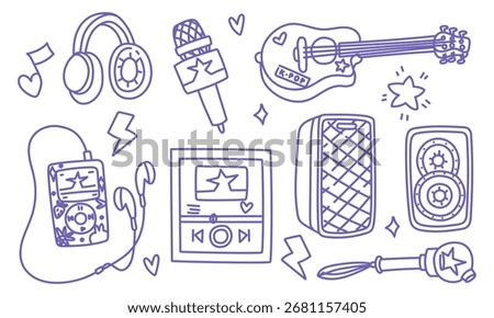 Purple K-Pop doodle includes IDOL music-related tools. Microphone, headphones, player, player with a playing song, speakers, light bomb, guitar. Korea, fashion, youth cultural and music trends.