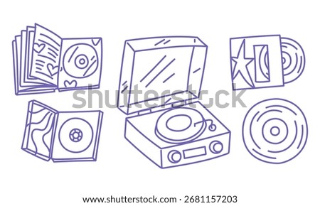 Purple K-Pop doodle includes tools related to IDOL music. Modern player, discs, records, music albums, boxes, and books. Musical items. Korea, fashion, and youthful cultural and musical trends.