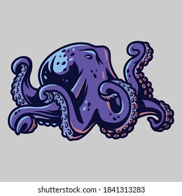 Purple kraken octopus or cuttlefish tentacles with suckers for marine nautical logo design