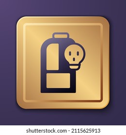 Purple Laboratory chemical beaker with toxic liquid icon isolated on purple background. Biohazard symbol. Dangerous symbol with radiation icon. Gold square button. Vector