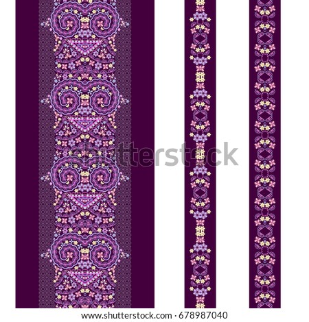 Purple  lace vertical seamless pattern with  ethnic decorative elements. Vector set of 3. Use for embroidery, braid, tape, ribbon .