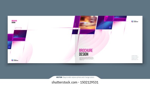 Purple Landscape Brochure Cover Template Layout Design. Corporate business annual report, catalog, magazine, flyer mockup. Creative modern bright cover concept with purple square shape