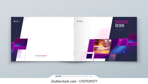 Purple Landscape Brochure Cover Template Layout Design. Corporate business annual report, catalog, magazine, flyer mockup. Creative modern bright cover concept with purple square shape