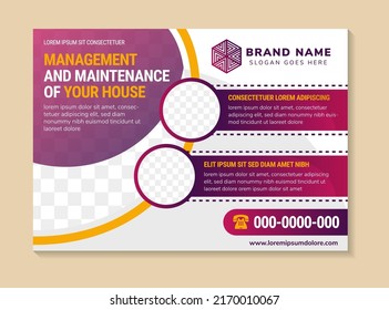 Purple Landscape Brochure Cover Template Layout Design. Corporate business annual report, catalog, magazine, flyer mockup. Creative modern bright cover concept with purple shape. space for photo