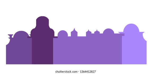 Purple landscape of the old city. City buildings are ancient. Urban landscape in lilac colors. Silhouette baroque architecture. Multiple panorama