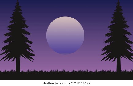 Un paisaje púrpura con pinos y una luna. La Imagen crea una vista nocturna tranquila y pintoresca