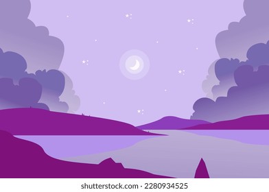A purple landscape with a river and a moon on the horizon.