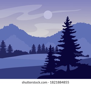 paisaje púrpura con siluetas de montañas y pinos diseño vectorial