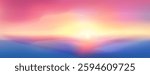 Purple landscape sunrise view with smooth gradient mountains or clouds silhouette in foreground. Bright sun in pink and yellow sky. Realistic dreamy minimalist horizon background with sunset.