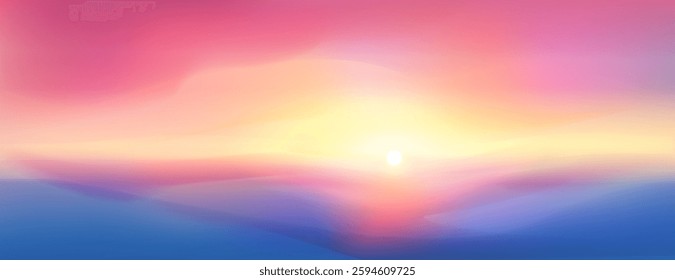 Purple landscape sunrise view with smooth gradient mountains or clouds silhouette in foreground. Bright sun in pink and yellow sky. Realistic dreamy minimalist horizon background with sunset.