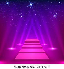 Purple lane with rays of spotlights. Podium for the winners. Vector illyustration
