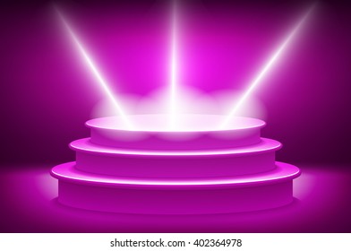 Purple lane with rays of spotlights. Podium for the winners. Vector illyustration art