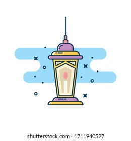 Purple Lantern vector illustration. Moslem celebration. Ramadan theme. Lantern fanoos isolated on white background. Moslem lantern with modern line art suitable for sticker, web landing page.