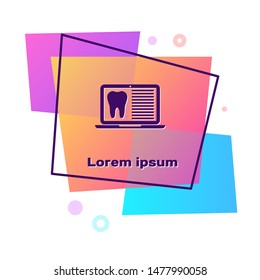 Purple Laptop with dental card or patient medical records icon isolated on white background. Dental insurance. Dental clinic report. Color rectangle button. Vector Illustration