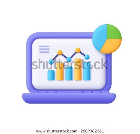 Purple laptop displaying a bar chart with and pie chart. Data analysis, SEO, finance business reports, investment concept. 3d vector icon. Cartoon minimal style.
