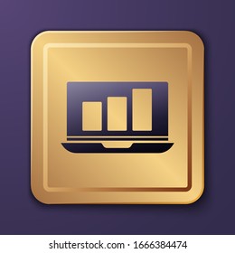 Purple Laptop with graph chart icon isolated on purple background. Report text file icon. Accounting sign. Audit, analysis, planning. Gold square button. Vector Illustration