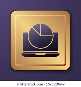 Purple Laptop with graph chart icon isolated on purple background. Report text file icon. Accounting sign. Audit, analysis, planning. Gold square button. Vector Illustration