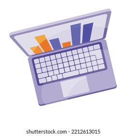 purple laptop with an open lid on the monitor of which the graph glows, top view, isolated object on a white background, vector illustration, eps.