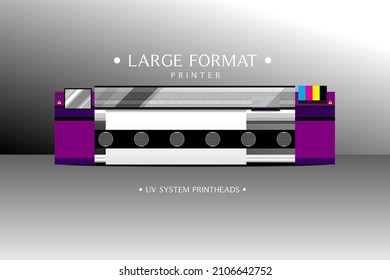 Purple Large Format UV Printer with media in gray room. It's advertisment machine for print ads. Vector illustration for graphic design with layers.