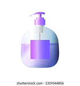 Purple large volume plastic bottle for liquid soap for hands, face and body isolated on white background.