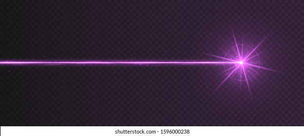 Purple laser beam light effect isolated on transparent background. Violet neon light ray with sparkles.