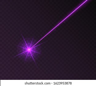 Purple laser beam light effect isolated on transparent background. Violet neon light ray with sparkles.