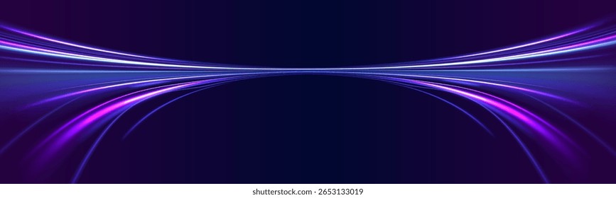 Luz laser roxa e raia de raio digital em todo o espaço escuro com feixe de tecnologia elétrica e trilha de alta velocidade brilhando em estilo futurista 3d para o design cósmico noite modelo de movimento png

