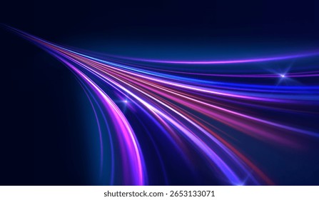 Luz laser roxa e raia de raio digital em todo o espaço escuro com feixe de tecnologia elétrica e trilha de alta velocidade brilhando em estilo futurista 3d para o design cósmico noite modelo de movimento png

