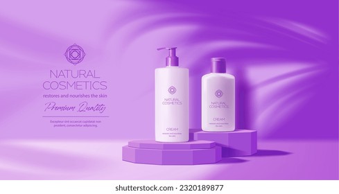 Podio de cosméticos de lavanda púrpura. Tubos de plástico de crema facial o suero, pantalla de demostración de champú o jabón podio, presentación de recipientes de crema de cuidado de la piel plataforma violeta composición de vector 3d realista