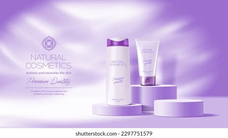 Lila- oder Lavendelkosmetik-Podium-Modem. Shampoo- oder Creme-Container-Beförderung Display violettes Podium, Hautlotion Plastikröhrchen Werbung zeigt Vorlage 3d realistischer Vektorhintergrund