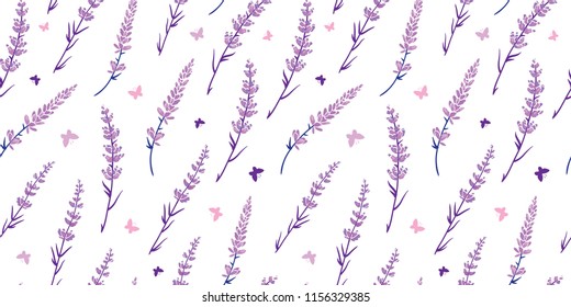 Purple lavender flowers repeat pattern design. Great for springtime modern fabric, wallpaper, backgrounds, invitations, packaging design projects. Surface pattern design.