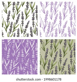 Flores de lavanda púrpura vectorial colección de patrones sin fisuras. Hermosas telarañas de estilo doodle retro ahogadas a mano. Excelente para textiles de verano y primavera, pancartas, papeles pintados, envoltura.