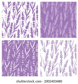 Purple lavender flowers vector seamless pattern collection. Beautiful retro hand drown doodle style floral backgrounds. Great for summer and spring textiles, banners, wallpapers, wrapping.