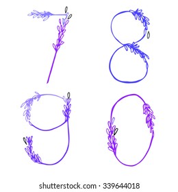 Purple lavender font by hand drawing number with isolated on white backgrounds. Vector and illustrator ESP 10.
