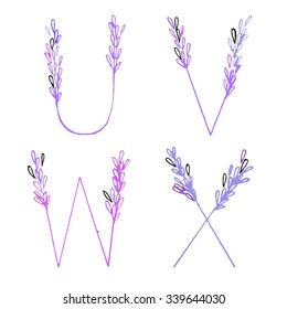 Purple lavender font by hand drawing English alphabet with isolated on white backgrounds. Vector and illustrator ESP 10.