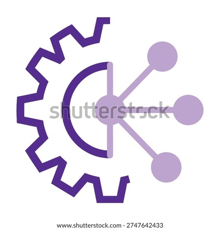 Purple and lavender gear icon with interconnected nodes symbolizing technology and networking in minimalist design