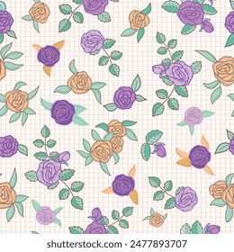 Purple, Lavender and Gold Roses with Leaves Scattered on Texture seamless pattern print background