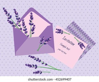 Purple Lavender Invitation Card Vector. Wedding invitation letter with  lavender flower. Vintage background