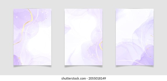 Purple lavender liquid watercolor background with golden lines. Pastel violet marble alcohol ink drawing effect. Vector illustration design template for wedding invitation, menu, rsvp.