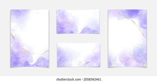 Purple lavender liquid watercolor background with golden lines. Pastel violet marble alcohol ink drawing effect. Vector illustration design template for wedding invitation, menu, rsvp.