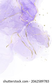 Purple lavender liquid watercolor background with golden lines. Pastel violet marble alcohol ink drawing effect. Vector illustration design template for wedding invitation, menu, rsvp.