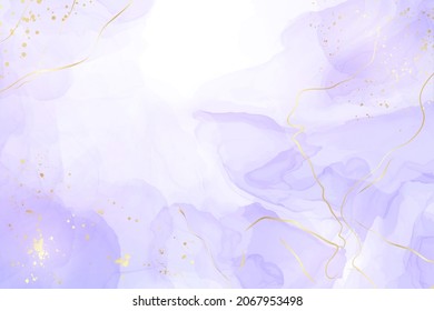 Purple lavender liquid watercolor background with golden lines. Pastel violet marble alcohol ink drawing effect. Vector illustration design template for wedding invitation, menu, rsvp.