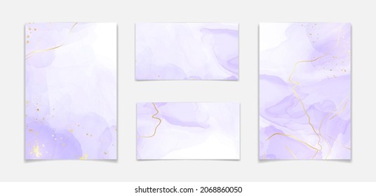 Purple lavender liquid watercolor background with golden lines. Pastel violet marble alcohol ink drawing effect. Vector illustration design template for wedding invitation, menu, rsvp.