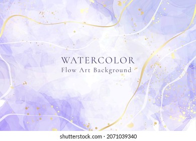 Purple lavender liquid watercolor background with golden lines. Pastel violet marble alcohol ink drawing effect. Vector illustration design template for wedding invitation, menu, rsvp.