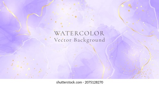 Purple lavender liquid watercolor background with golden lines. Pastel violet marble alcohol ink drawing effect. Vector illustration design template for wedding invitation, menu, rsvp.