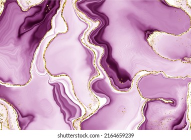 Purple lavender liquid watercolor background with golden lines. Pastel violet marble alcohol ink drawing effect. Vector illustration design template for wedding invitation, menu, rsvp.