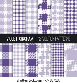 Purple and Lavender Pixel Gingham and Buffalo Check Plaid Vector Patterns. Ultra Violet - 2018 Color of the Year. Picnic Tablecloth Checks of Different Styles. Pattern Tile Swatches included.