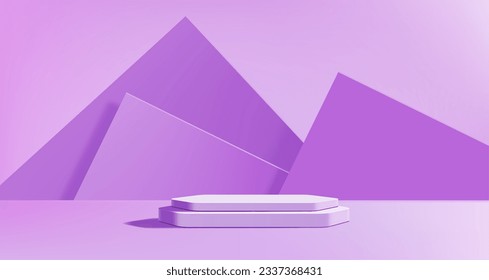 Podio morado o lavanda, fondo de plataforma vacío. stand de exhibición de moda, base de la plataforma de la galería de exhibición escénica vectorial realista iluminada con plataforma violeta de luz dura y fondo 3d